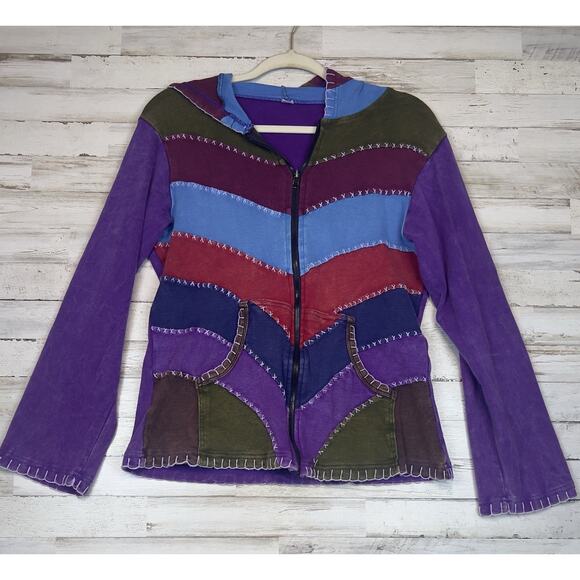 VINTAGE 90s Boho Patchwork Hoodie Jacket L/XL Fits M Fairy Grunge Hippie Cotton
